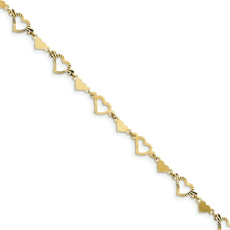 14k Yellow Gold Stamp Heart Bracelet 7.5 Inch Fancy /love