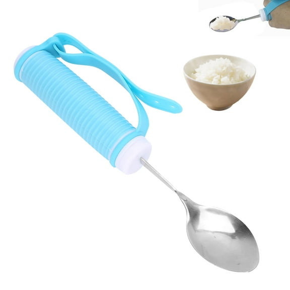 Easy Grip Eating Aids Spoon Adaptive Eating Utensils Rotating Stainless Steel Holder Silverware Set Elderly Care Spoon Arthritis Disabled Patient Dining Scoop Utensil with Auxiliary Strap