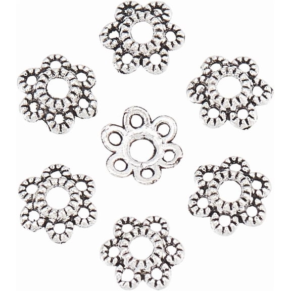 300Pcs 6-Petal Tibetan Style Flower Bead Caps 6mm Alloy Hollow Bead Spacer Silver Cord Ends for Jewelry Making for DIY
