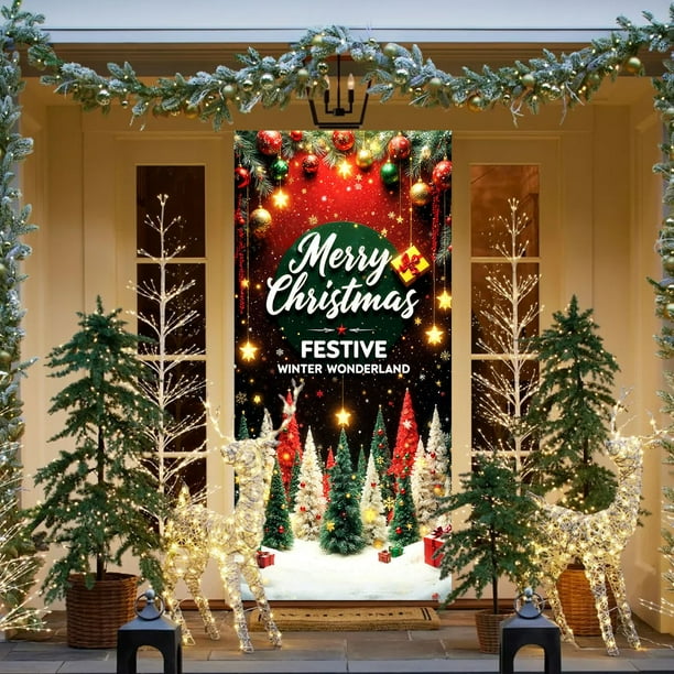 Funda de puerta de Navidad 35x72 pulgadas - Cortina de poliéster de Santa Claus para decoración de paredes y mesas navideñas - Fácil de instalar