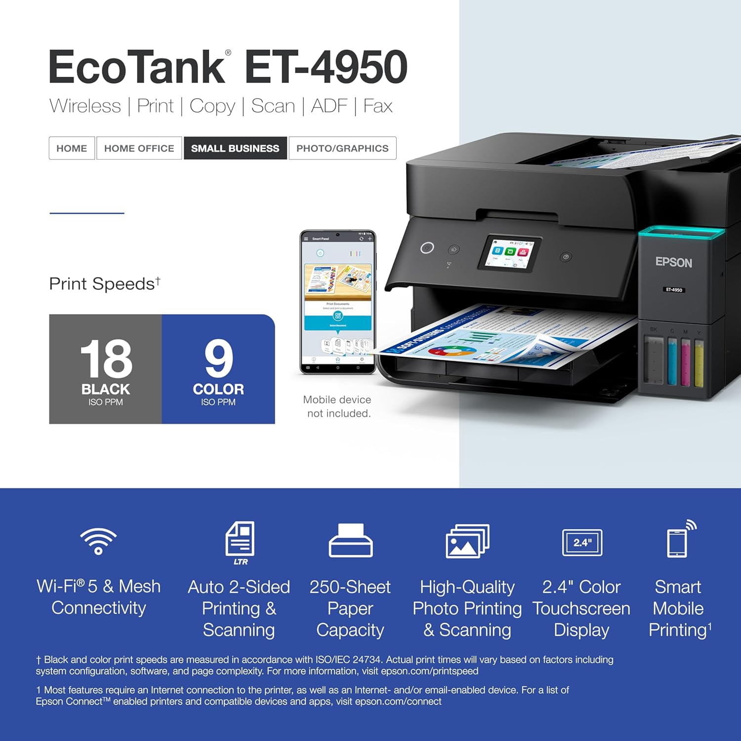 Epson EcoTank ET-4950 Wireless All-in-One Color Supertank Printer, 18 PPM, 2.4" Colorful Touchscreen, Auto Document Feeder - Black (Sold without manufacturer warranty)