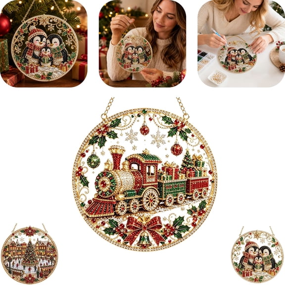 Christmas Pearl Diamond Art Suncatcher Ornament Kit DIY Pearl Diamond Painting Craft for Adults Lace Edge Plastic Hanging Pendant Christmas Holiday Gift for Family Friends,B