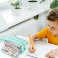 thumbnail image 6 of 3-Compartment Canvas Pencil Case, Large Capacity Storage Bag for Students, Multi-Function Organizer for Pens and Makeup, Pink, Green, 6 of 8