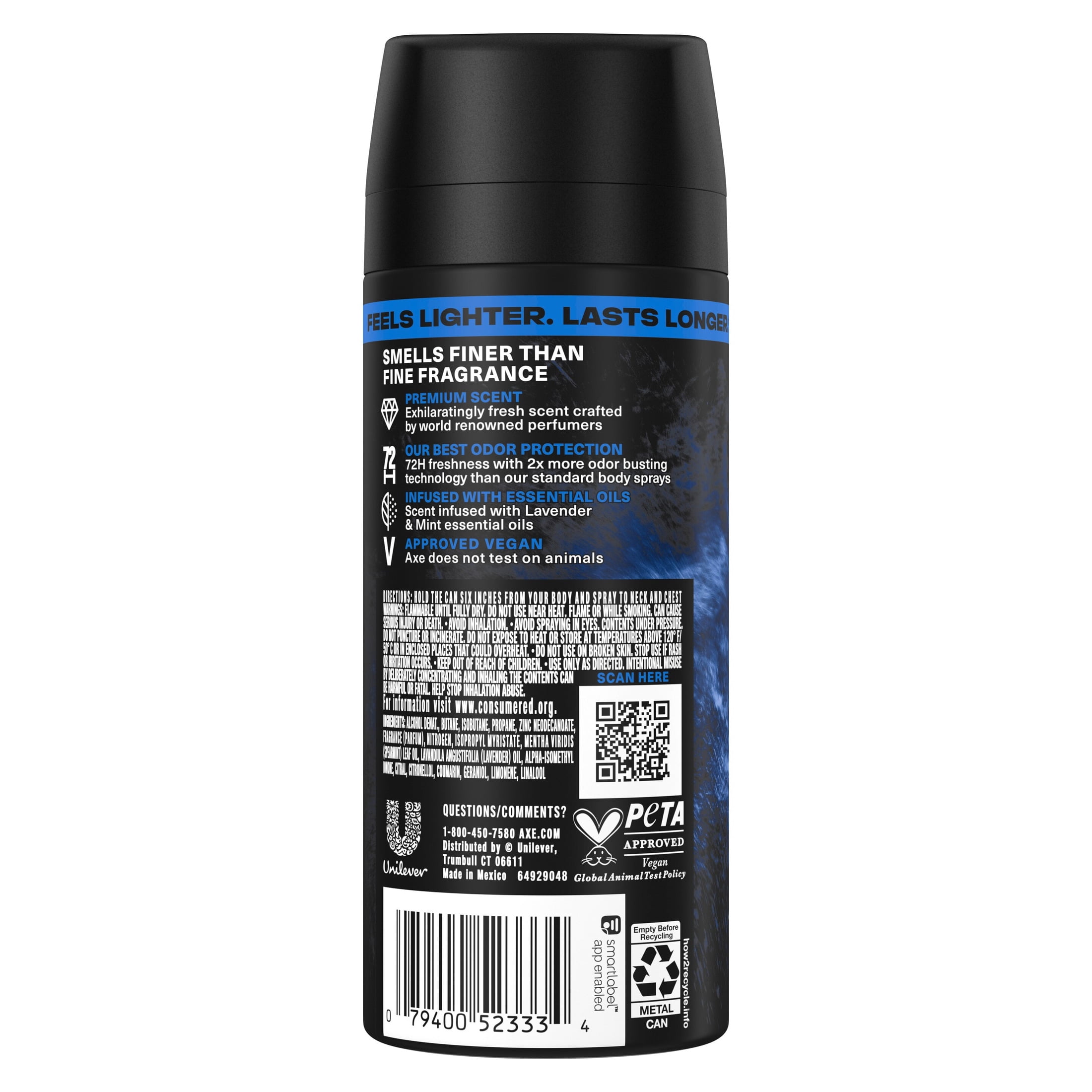 AXE Fine Fragrance Collection Body Spray 72 Hour Freshness Blue Lavender Aluminum Free, 2.9 oz
