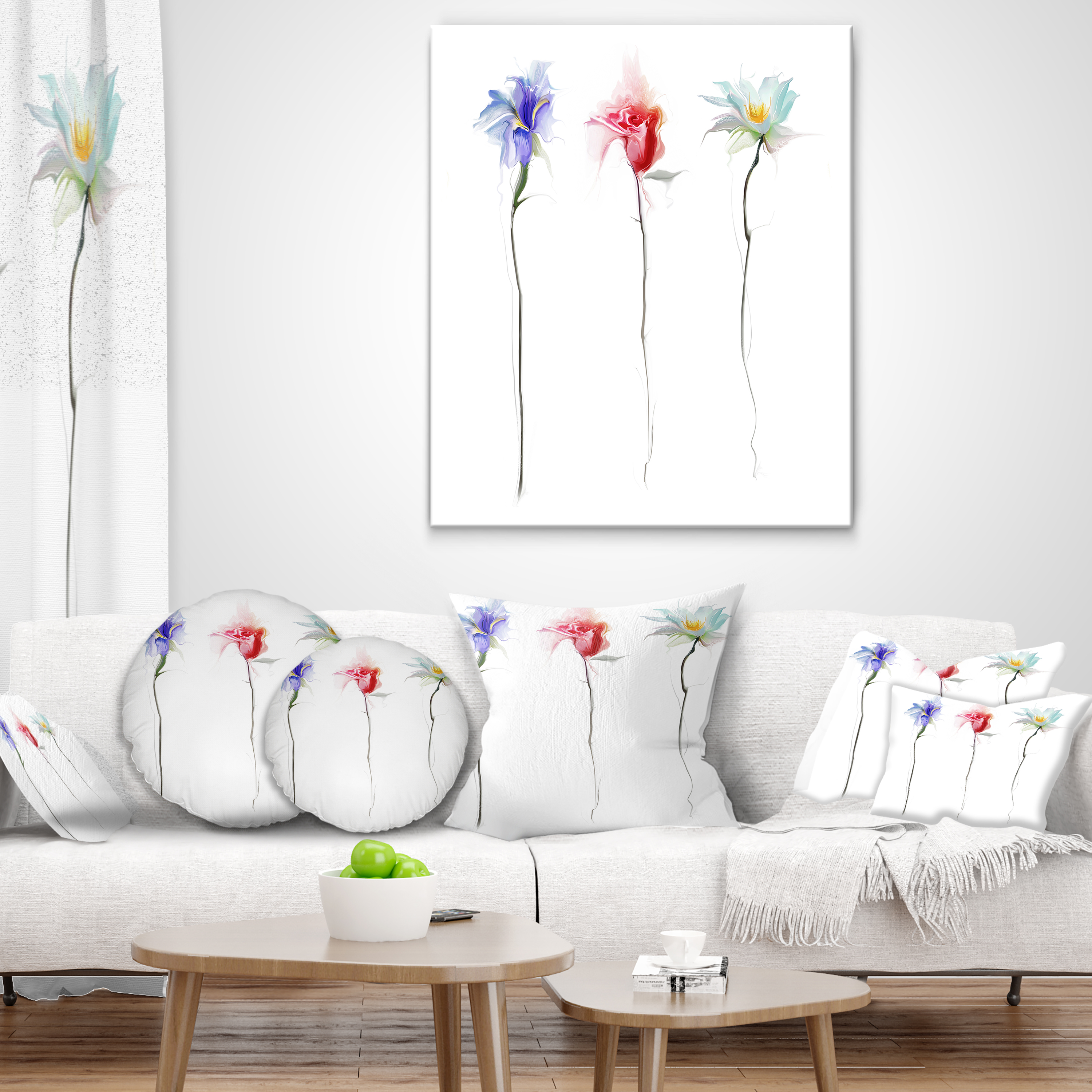 Designart Three Flowers - Floral Throw Pillow - 16x16