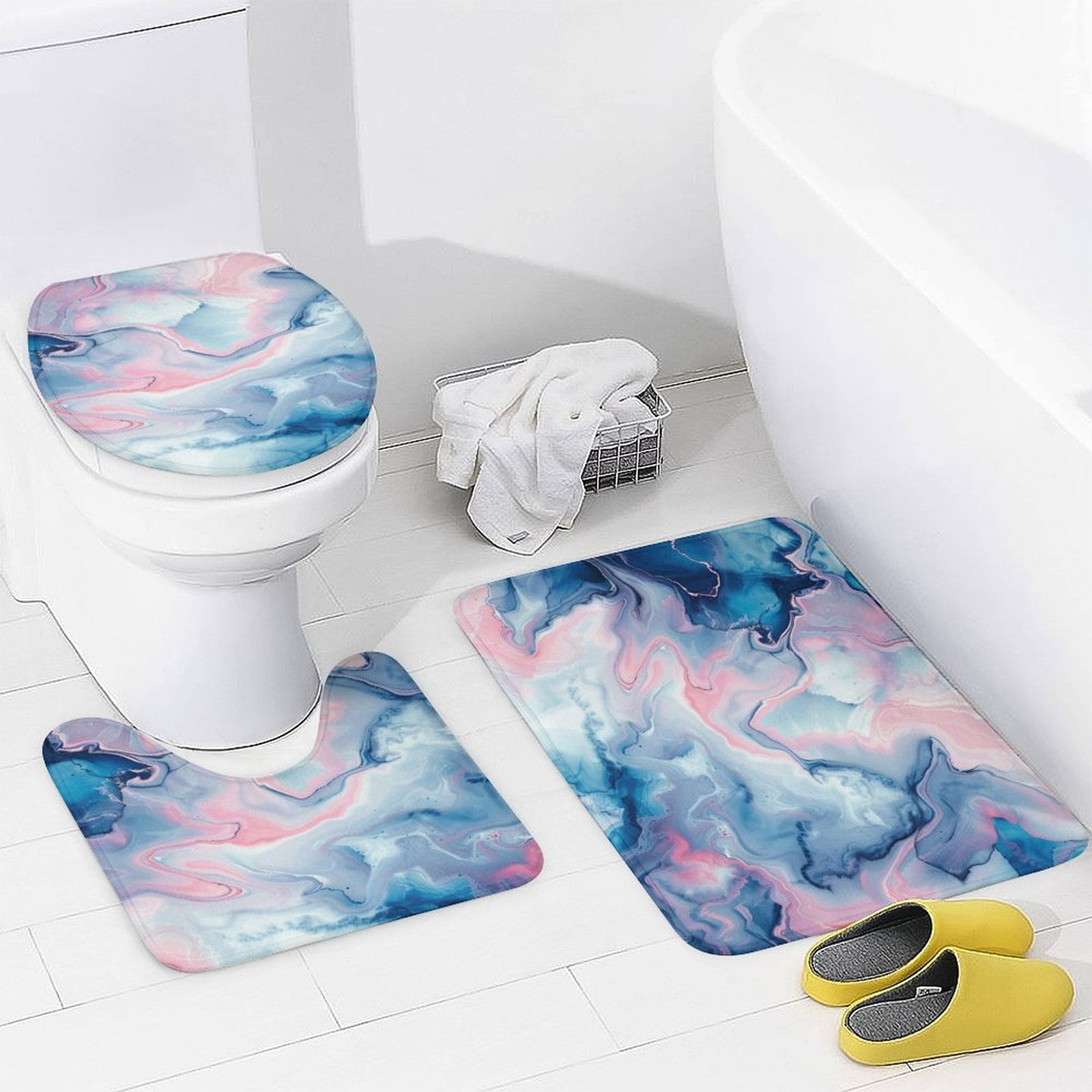 4 Piece Decor Shower Curtains Sets Bathroom Sets with Shower Curtain And Rugs 4 Piece Light Blue Pink Marble Texture Waterproof Fabric Bath Curtain Stone Surface Pattern for Bathtub Decor