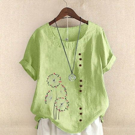 

WOXINDA Women s Printed Round Neck Raglan Sleeve Hem Slit Loose Short Sleeve Button Decoration Shirt Womens Tee Tops Cotton Bra plus