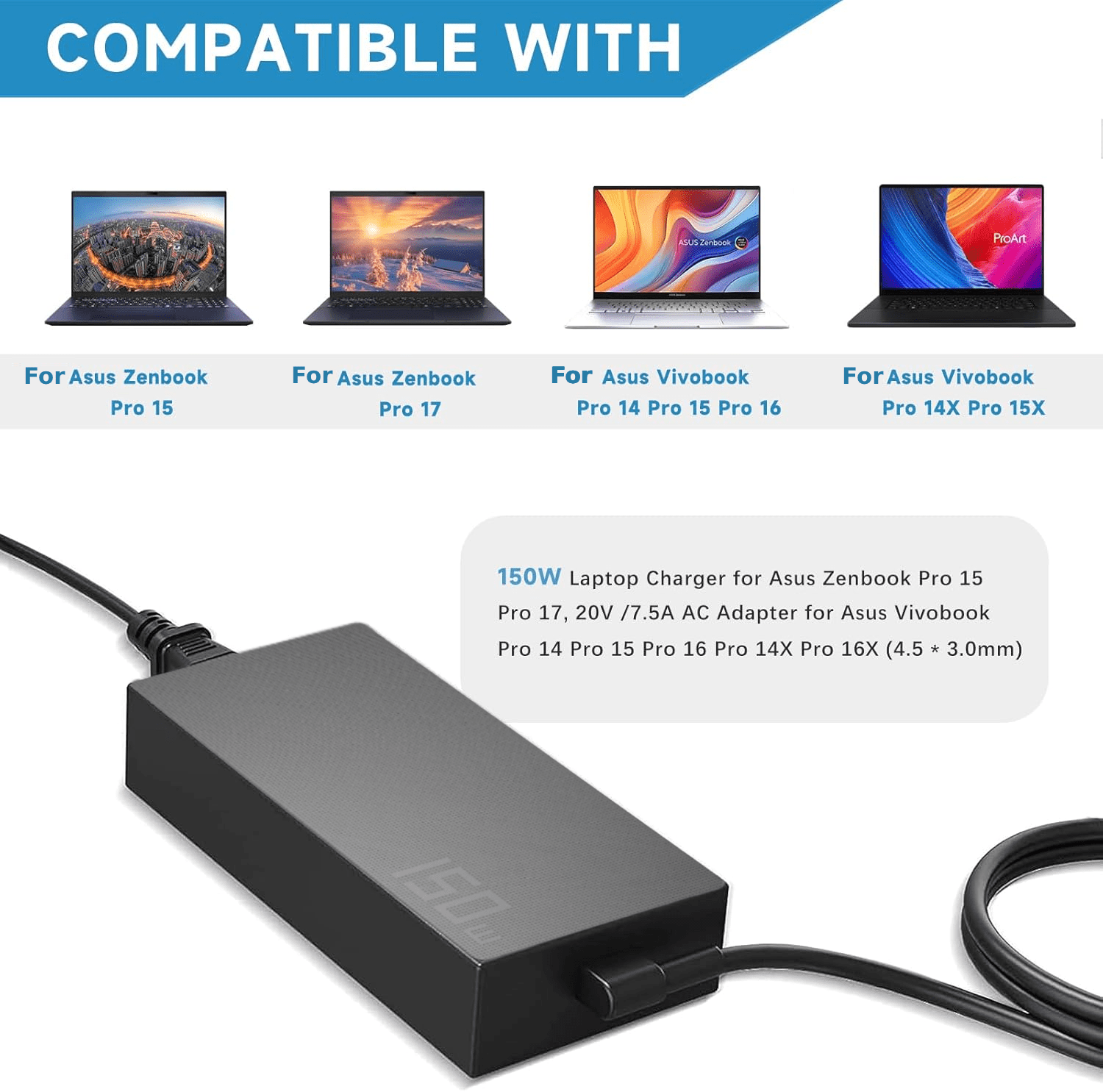 150W Charger for Asus 20V 7.5A AC Adapter A18-150P1A ADP-150CH B Asus Rog Strix G G531GT G731GT TUF Gaming F15-FX506HF F17-FX706LI A15-FA506IH FA506II A17-FA706II TUF Power Supply
