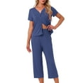 thumbnail image 1 of Conjunto de lounge para mujeres INSPIRE CHIC, camiseta de manga corta, pantalones largos, pantalones capri con cuello en V, conjunto de pijama con botones y bolsillo, talla XS, color navy, 1 of 6