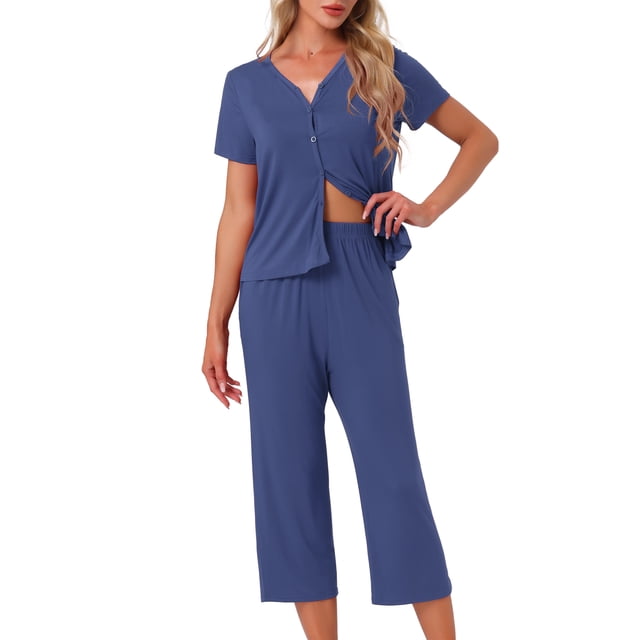 Conjunto de lounge para mujeres INSPIRE CHIC, camiseta de manga corta, pantalones largos, pantalones capri con cuello en V, conjunto de pijama con botones y bolsillo, talla XS, color navy