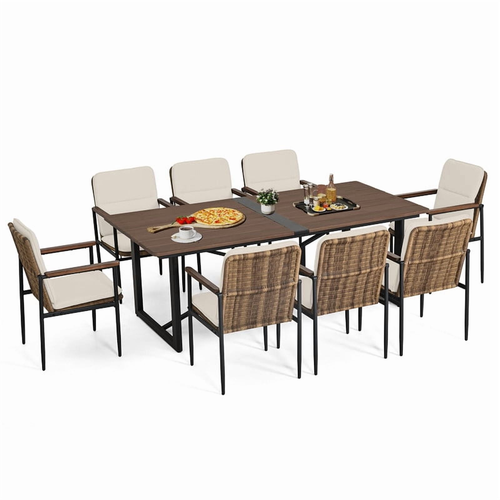 9 Piece Patio Dining Set, Outdoor Patio Table and Chairs Set with Large Wooden Dining Table and 8 Wicker Dining Chairs