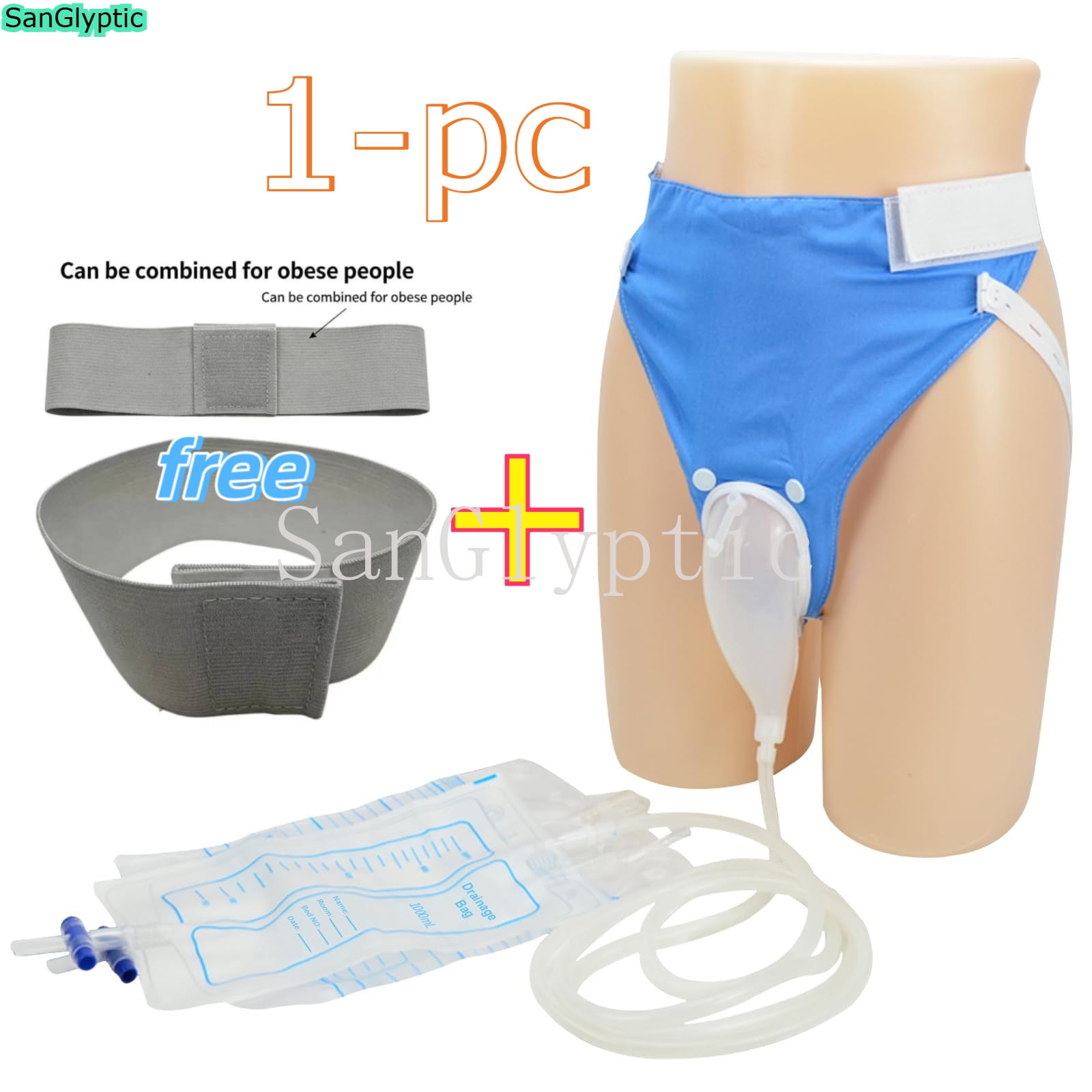 SanGlyptic Urine Collection Bag Condom Catheters for Men Reusable Portable Silicone Urinal with 1000ml & 2000ml Urine Drainage Bags (Elderly Men Blue)