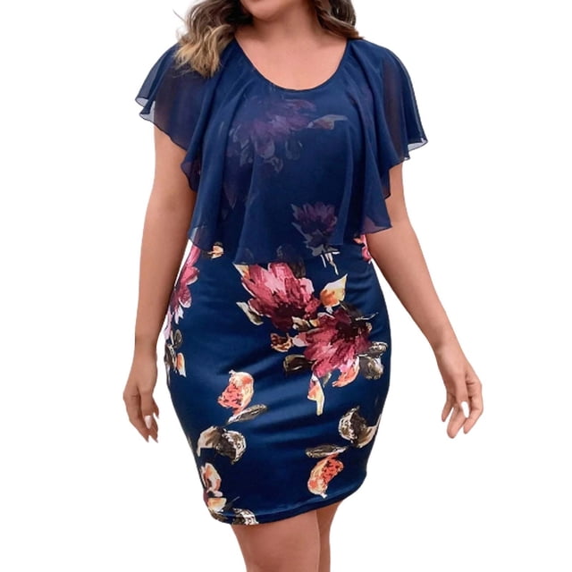 TSADFHJI Jupe en Satin Maxi Robe d'Été Décontractée à Manches Courtes en Chiffon pour Femmes Grande Taille TTG Bleu
