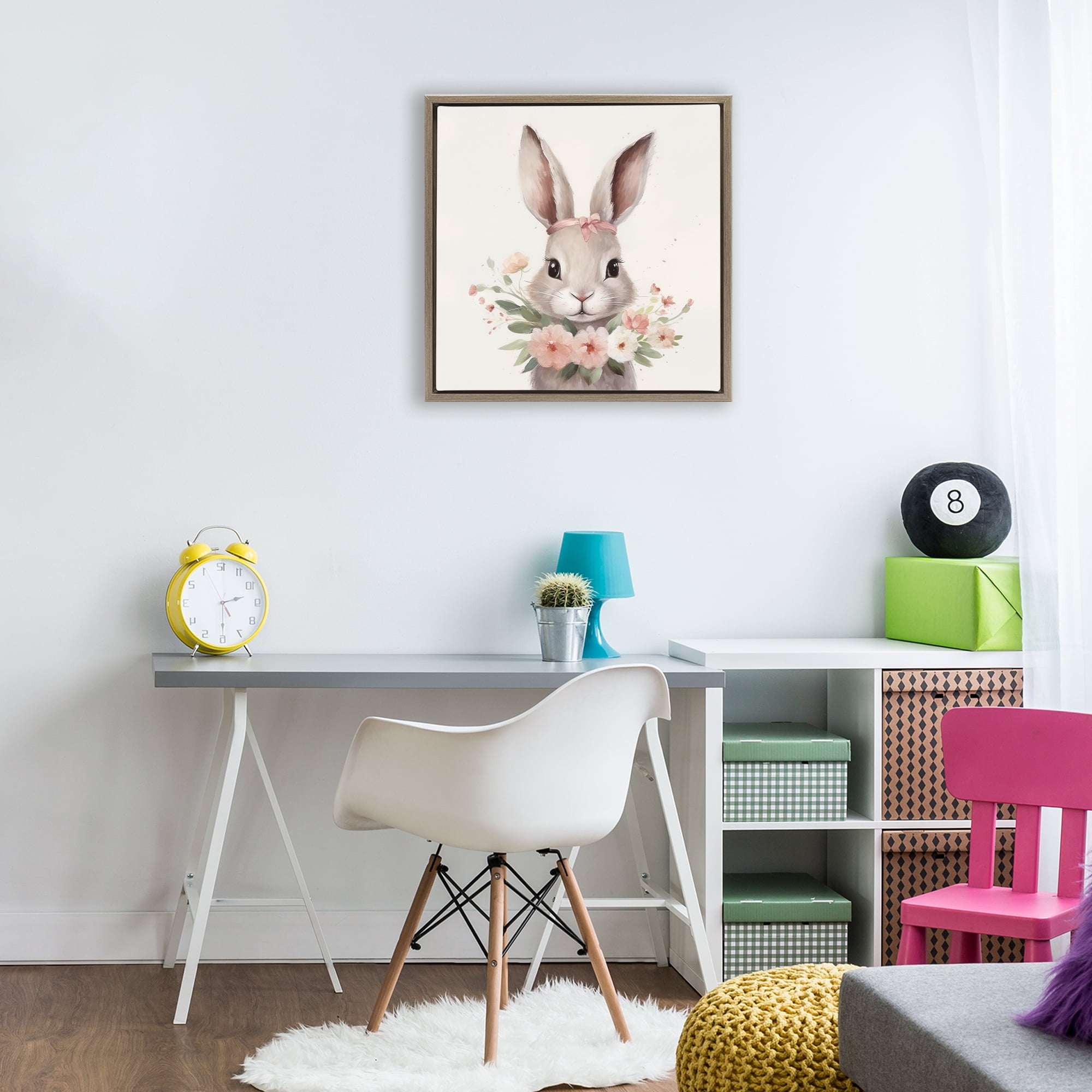 Stupell Industries Charming Bunny in Floral Wreath Brown Framed Floater Canvas Wall Art, design by Lazar Studio