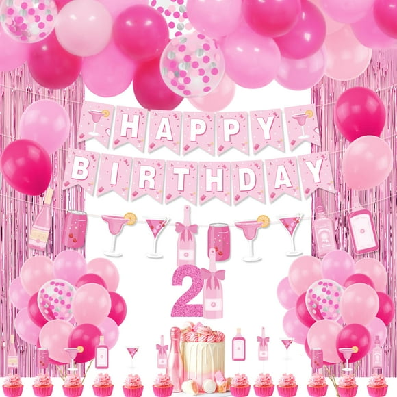 21st Birthday Decorations for Her, Pink Bottle 21st Birthday Party Decorations, Happy Birthday Banner, Cake Topper, Curtain, Pink Confetti Balloons Garland for Women Girls 21st Birthday Party Decor