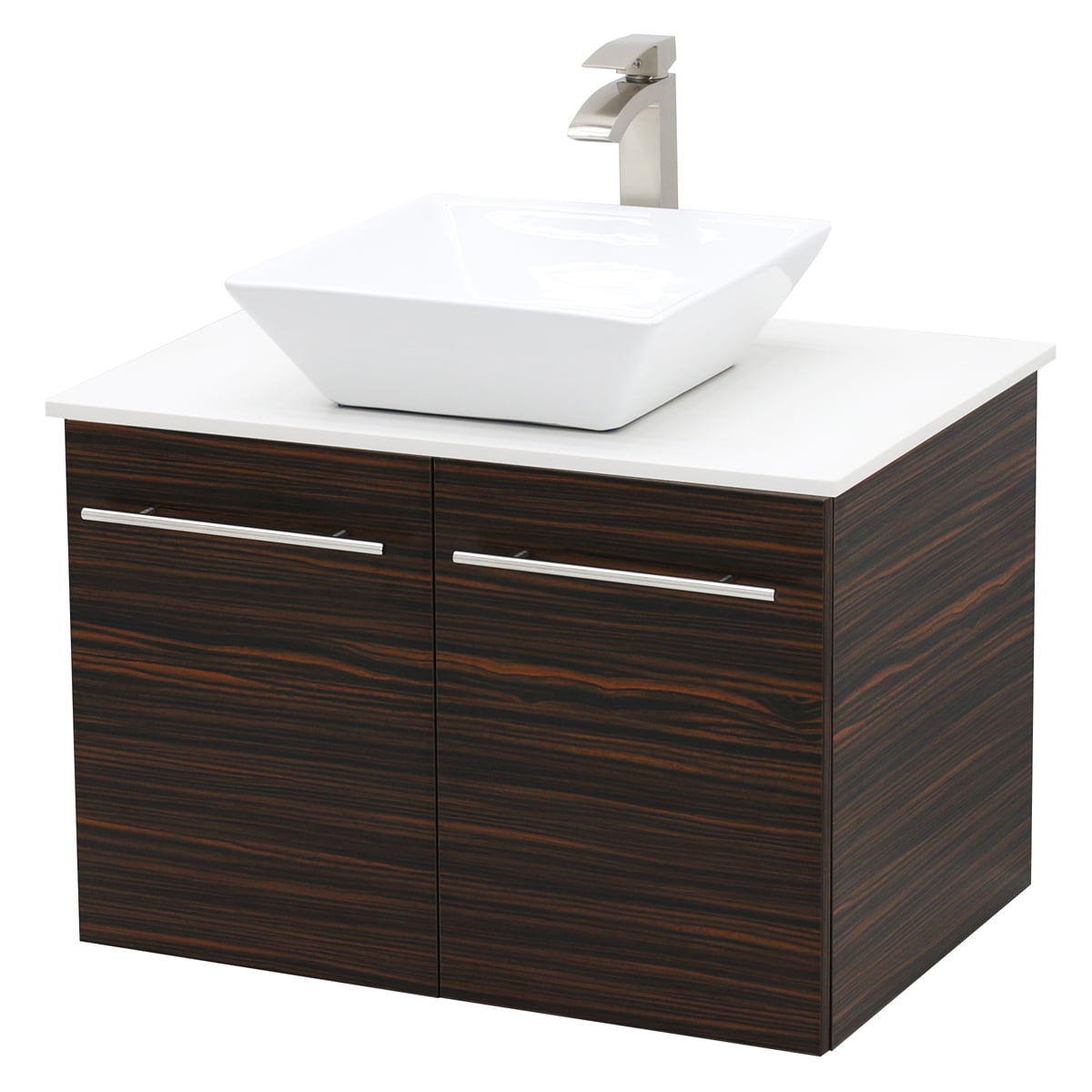 WindBay Wall Mount Floating Bathroom Vanity Sink Set. Ebony Vanity, White Flat Stone Countertop