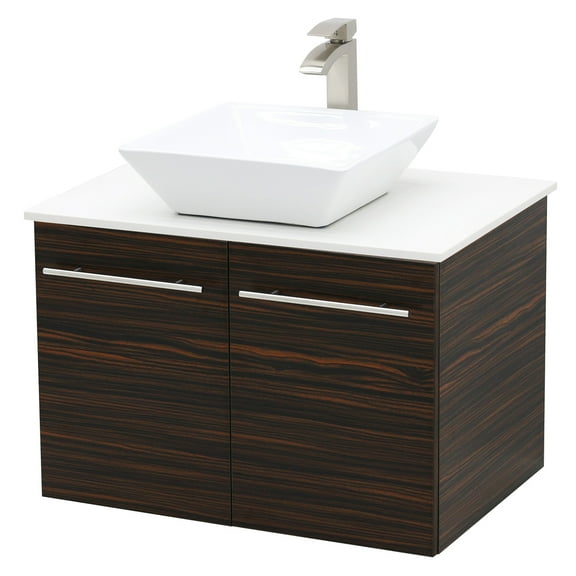WindBay Wall Mount Floating Bathroom Vanity Sink Set. Ebony Vanity, White Flat Stone Countertop Ceramic Sink - 36"