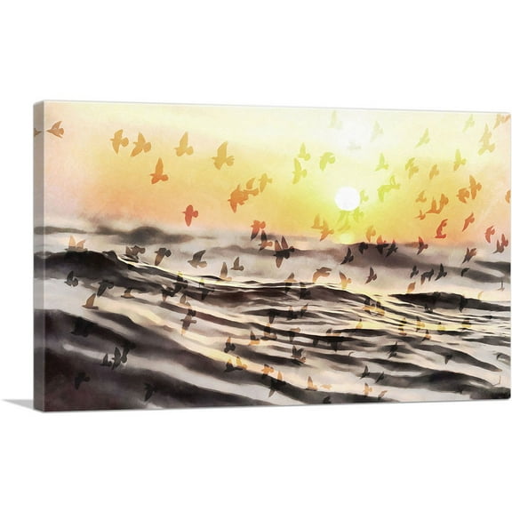 ARTCANVAS Beach With Birds Painting Home decor Canvas Art Print - Size: 26" x 18" (0.75" Deep)