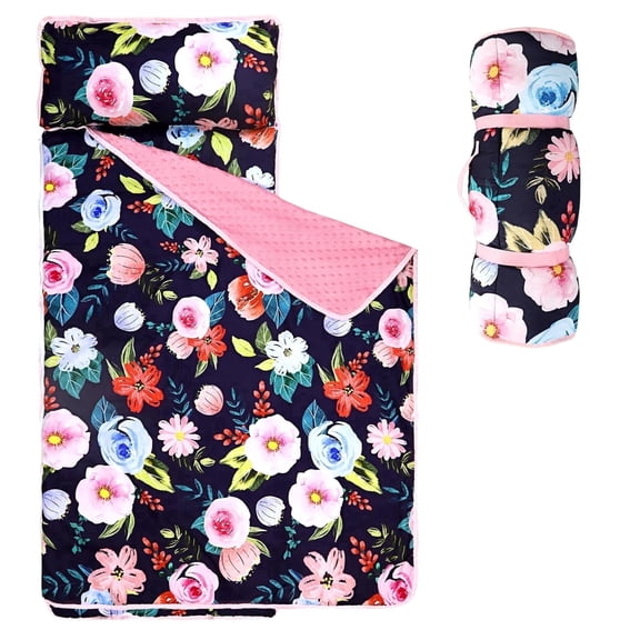Toddler Nap Mat with Pillow and Plush Blanket, Kids Sleeping Bags for Preschool Daycare, Slumber Bags for Girls Boys Ages 3-7 Years, 55'' x 23'', Floral