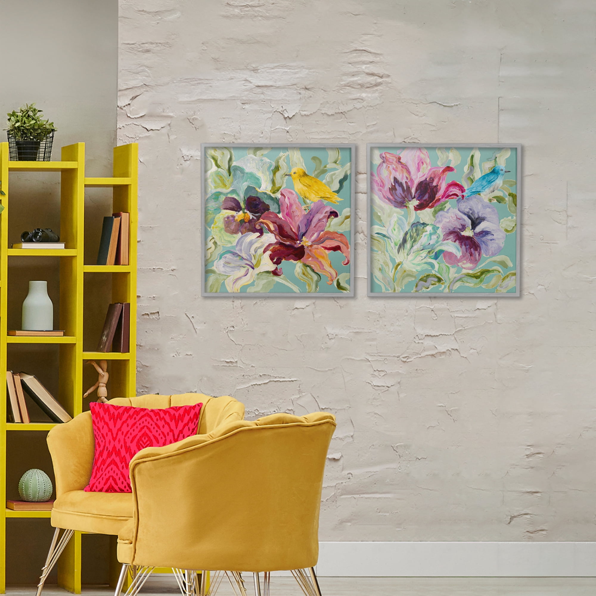 Stupell Industries Lyrical Garden Canaries 2 Piece Gray Framed Giclee Art Set, design by Lanie Loreth