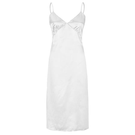 

Women Summer Spaghetti Strap Silky Long Dress Sexy V-Neck Solid Color Nightgown