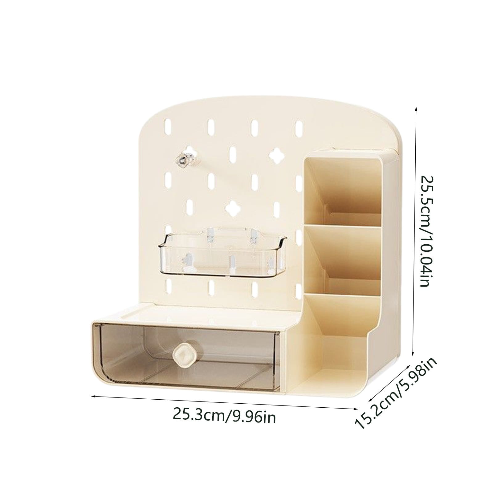 Desktop Storage Rack with Drawers | Multifunctional Desk Organizer | Plastic Study Supplies Holder | Zoning Design with Pegboard & Hooks | 10x9.9x5.9 in | Home Office Storage Box