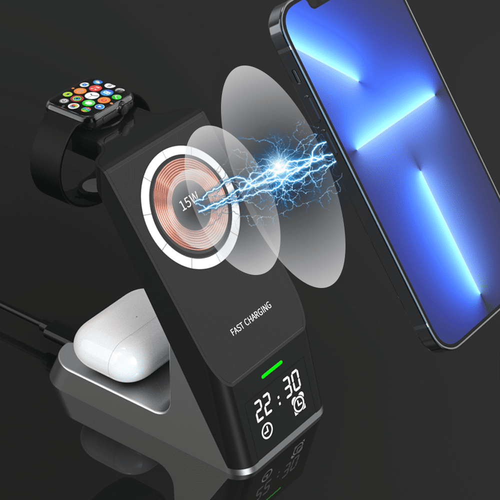 H27 6-in-1 Magnetic Wireless Charging Station with Digital Alarm Clock, 15W Transparent Fast Charger for iPhone 17 16 15 14 13 12, Apple Watch, AirPods, and Extra USB Port