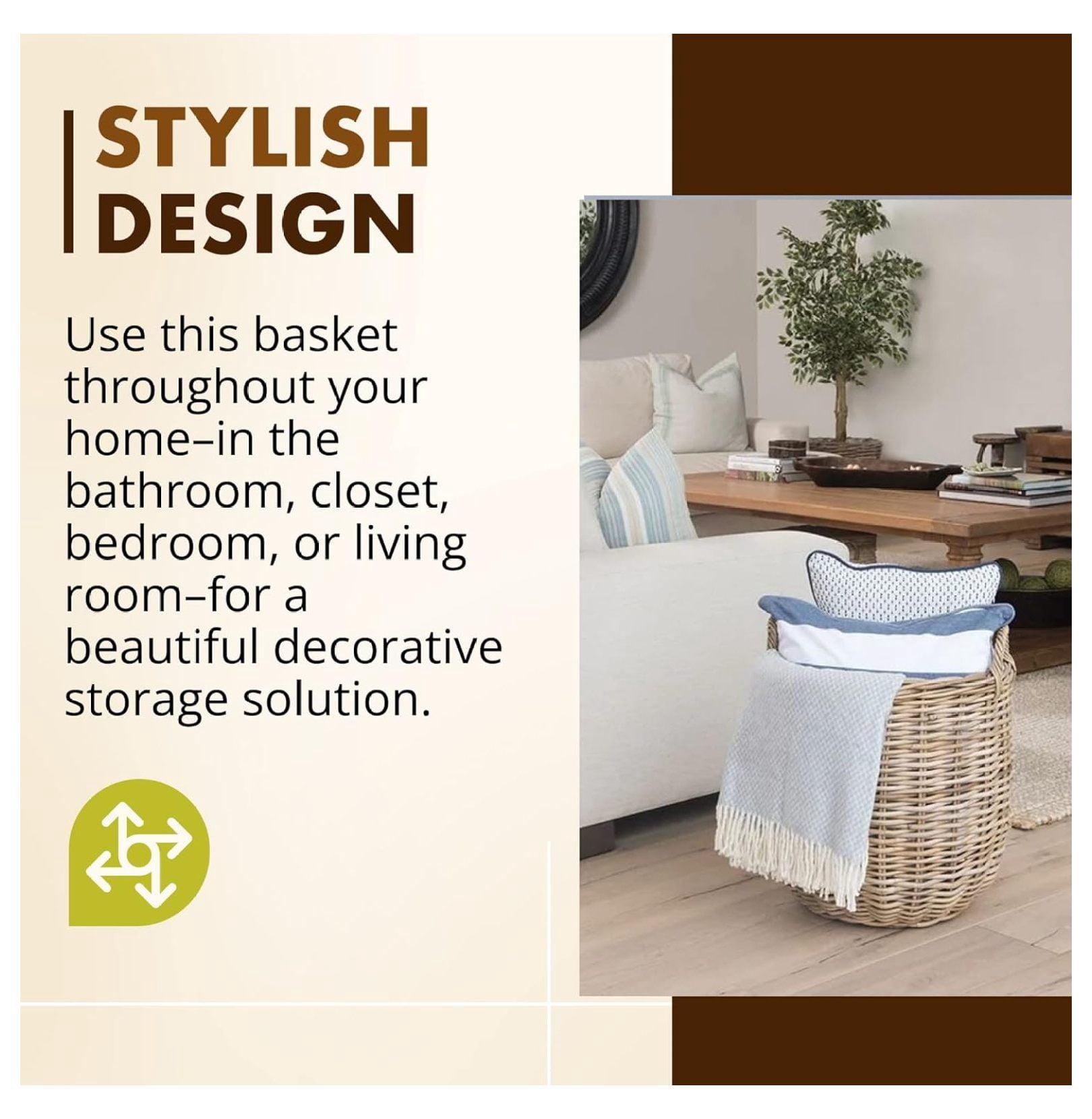 Rattan Kobo Round Storage Basket, Handwoven Rattan Basket with Handles, Organization & Home Decor for Storage, Gray-Brown