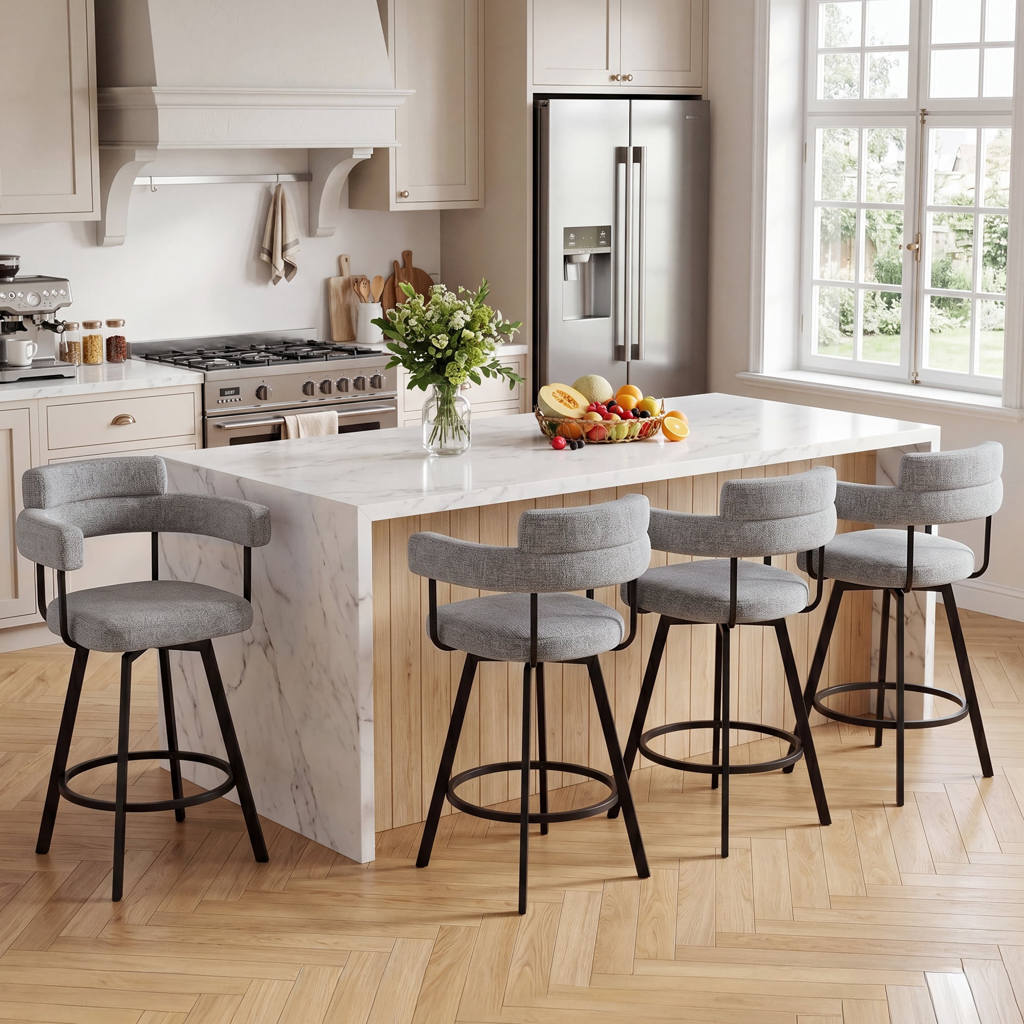 Zesthouse 26" Counter Height Swivel Barstools, Linen Upholstered Bar Stools Set of 2, Metal Base, Gray