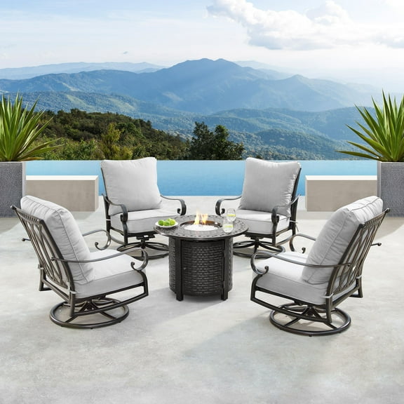 Outdoor Living and Style 5-Piece Gray and Black Outdoor Patio Round Fire Table Swivel Rocking Chairs
