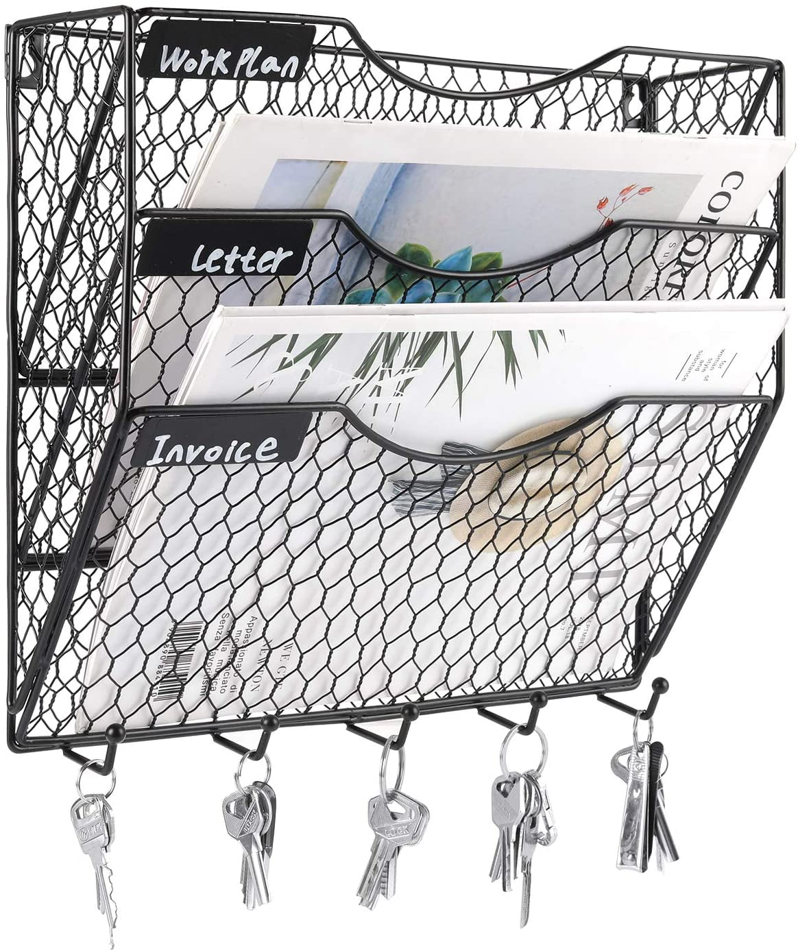 3 Pack Wall Mounted File Holder Hanging Mesh Metal Basket Wire Magazine Rack Shelf with 10 Accessory Hooks Name Tag Slot Black 
