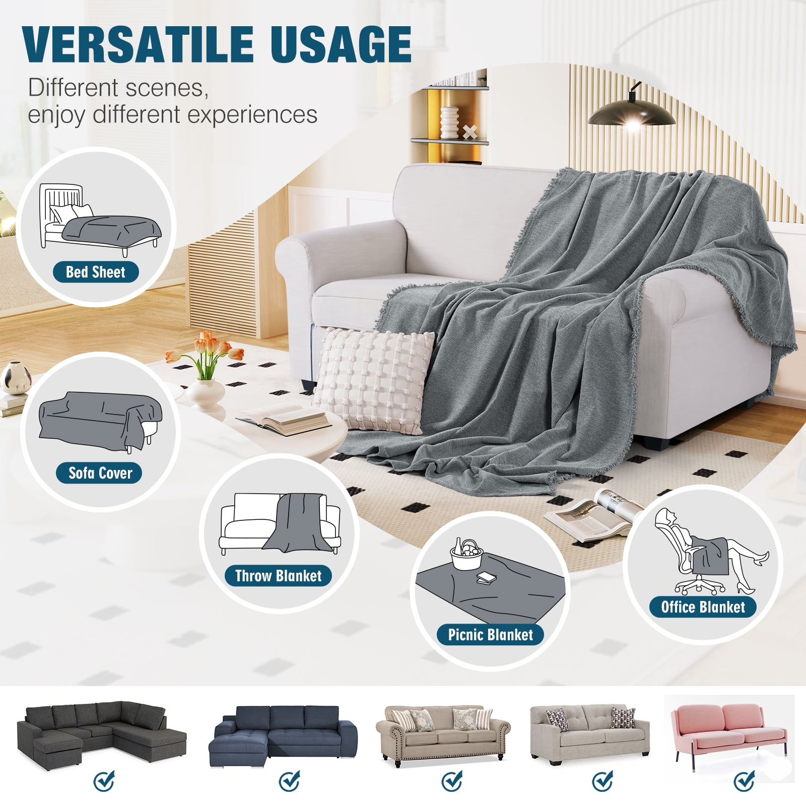 Timeles Couch Covers Washable Oversized Sofa Slipcovers with Tassels Sectional Couch Cover Soft Sofa Blanket Durable Furniture Protector for Kids Pets (71" x 150", Grey)
