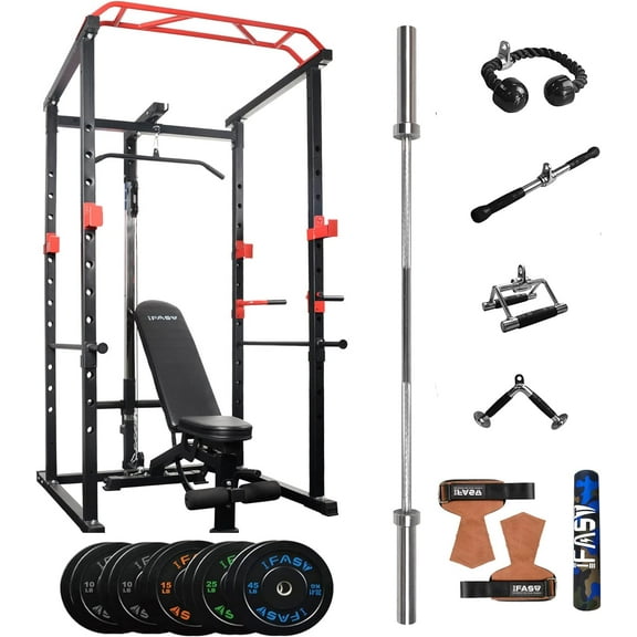 IFAST 210lb Home Gym Power Cage: Multi-functional Squat Rack with Adjustable Pull-up Bar, 1000lb Capacity, Lat Pulldown, Olympic Bar, Bench & Attachments for Home Fitness