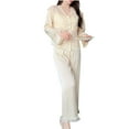 thumbnail image 2 of Womens Ice Silk Pajama Sets 2 Piece Sleepwear Lace Patchwork Long Sleeve Button Shirt and Pants Teen Girl Cute Ruffle Loungewear Outfits Beige L, 2 of 5