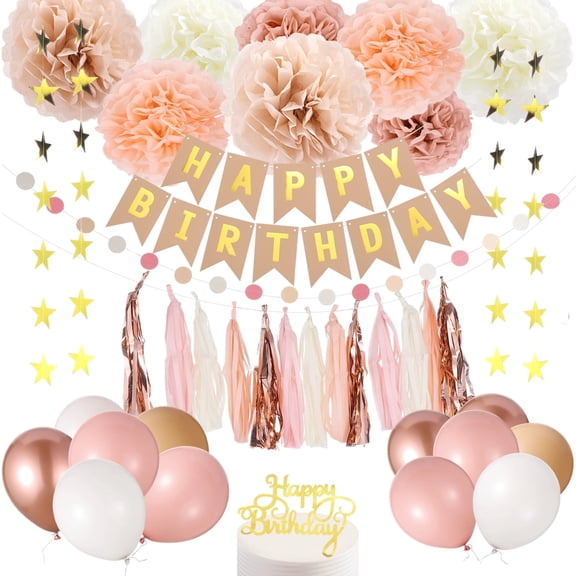 62PCS Birthday Balloons Tassels Decorations, Dusty Pink Beige Bohemian Birthday Party Supplies, Happy Birthday Banner Balloons Set, Rustic Party Decor for Bridal Gender Reveal Shower