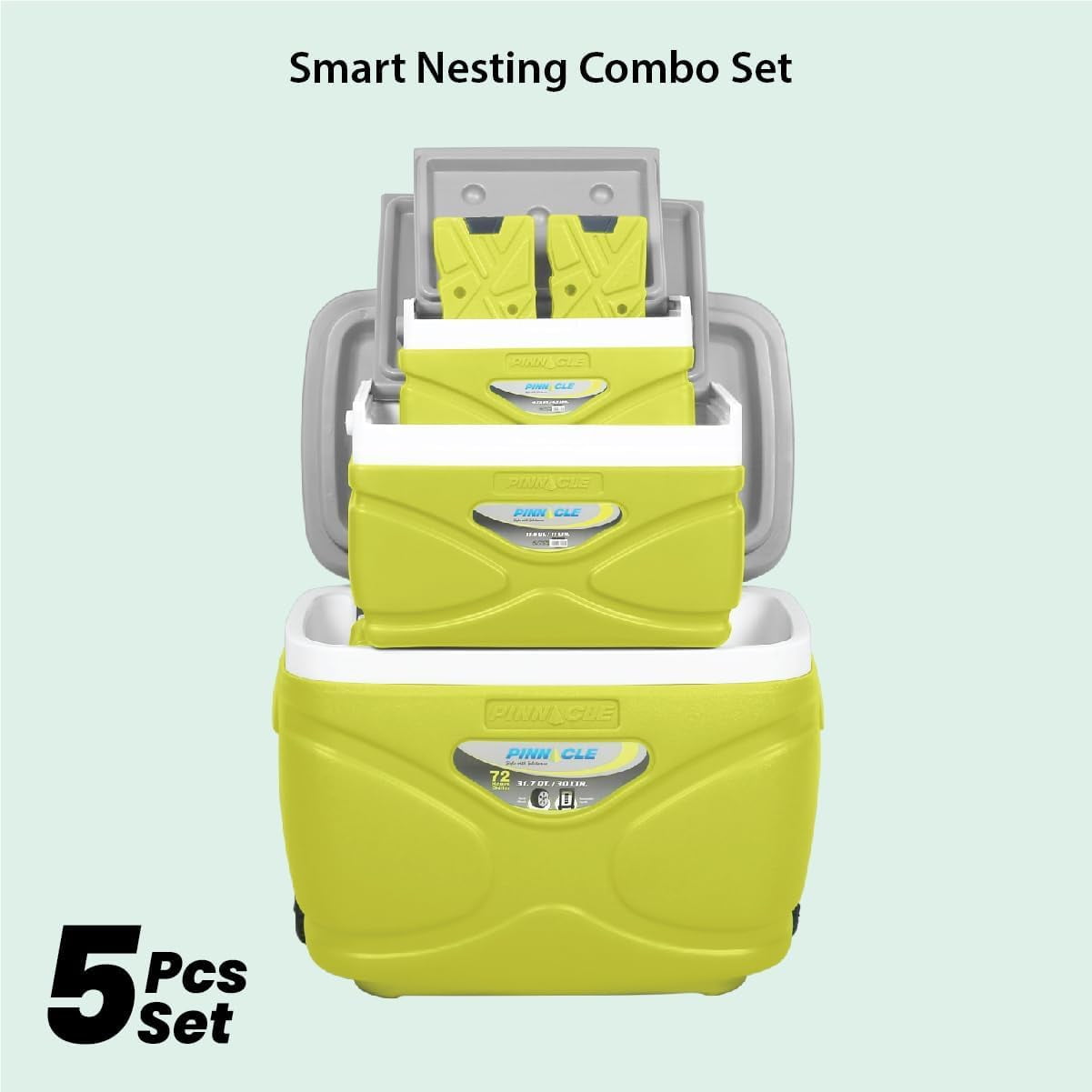 Pinnacle 30L Cooler with Wheels Set, 3 Coolers with Ice Bricks, Cup Holder Lid, Green