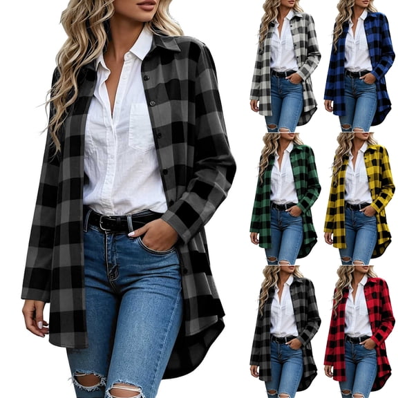 Women Mid-Length Plaid Jackets, Button Down Long Sleeve Open Front Shacket,Fashion Casual Outerwear