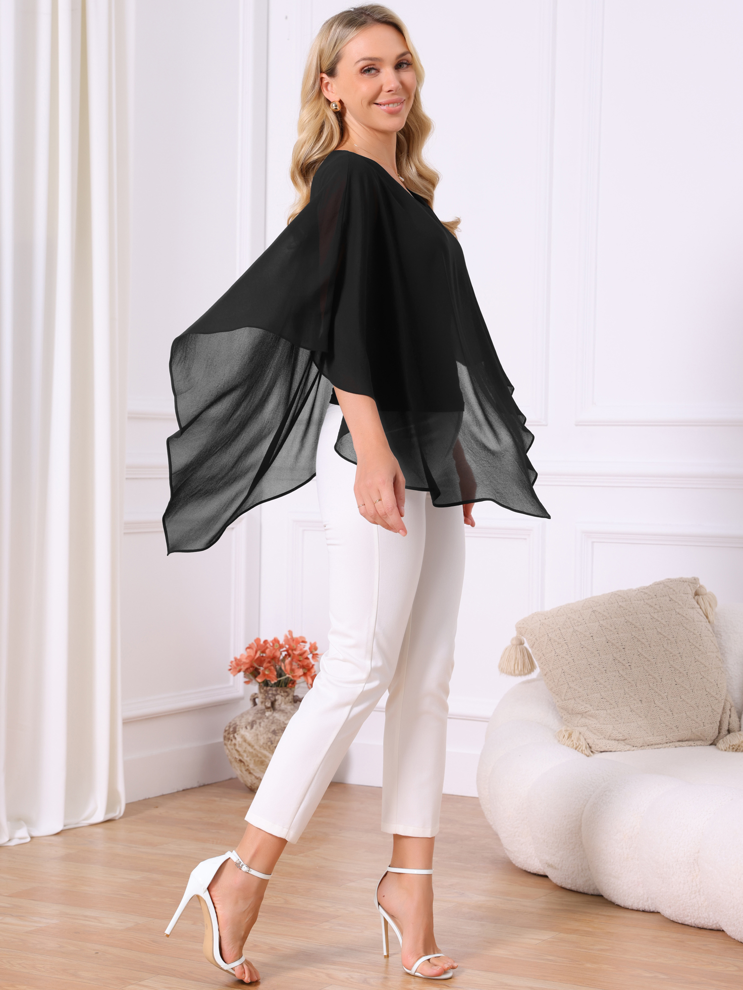 DARING DIVA Women's Flowy V Neck Chiffon Blouse Asymmetrical Top M Black
