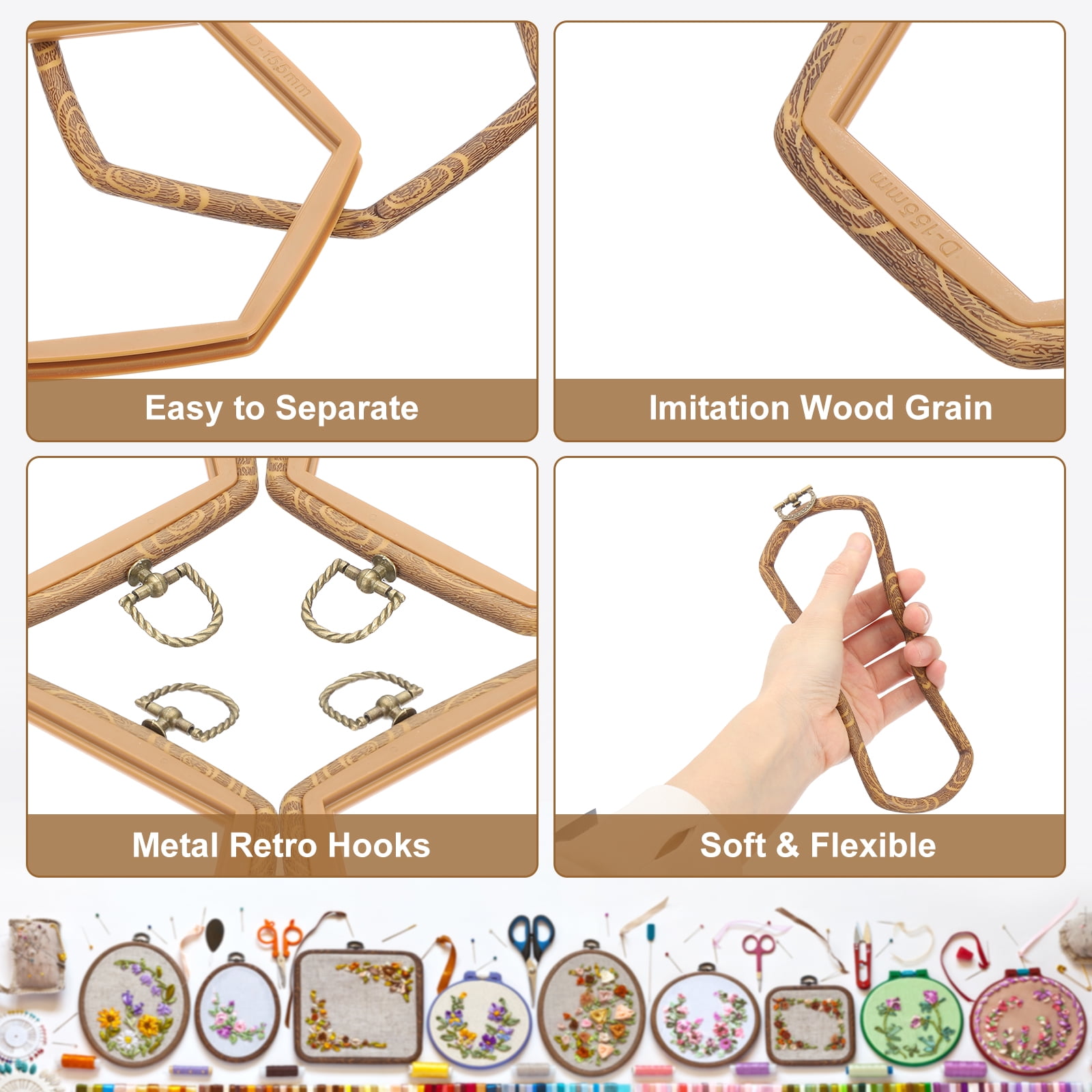 Uxcell 5 Pieces 4.8" x 4.3" Hexagonal Embroidery Hoops Frame Imitated Wood Circle Cross Stitch Hoop Ring for Embroidery Art Craft Handy Sewing Decoration, Brown