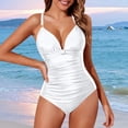 thumbnail image 2 of Arnsht Women's Soft Comfortable Tummy Control Swimsuit One Piece Slimming Ruched Push Up Bathing Suit Vintage Padded Retro V Neck Swimwear White L, 2 of 4