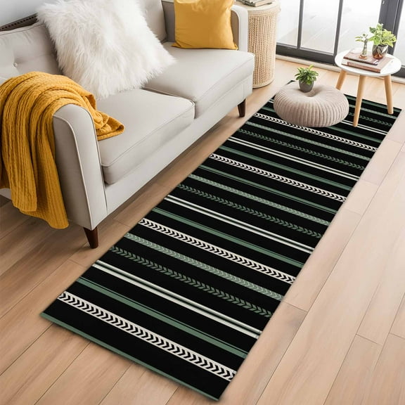 Black Green White Kitchen Runner Rug 2x6 Washable Runners for Hallway Non Slip Boho Vintage Abstract Striped Lines Large Area Rug Indoor Floor Carpet for Bathroom Laundry Entryway Bedroom Living Room
