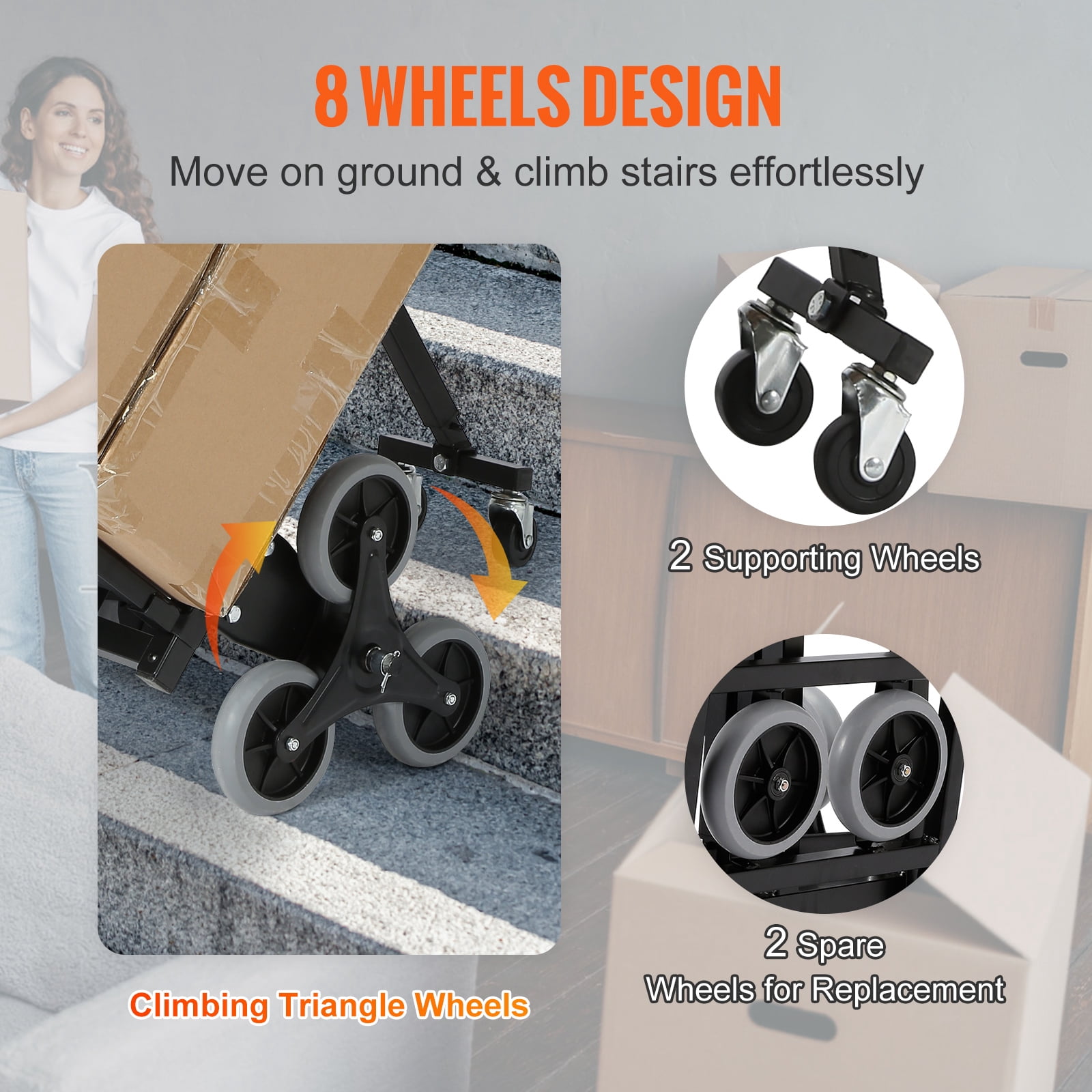 BENTISM Stair Climbing Cart 375lbs Capacity, Portable Folding Trolley with 10 Wheels, Stair Climber Hand Truck with Adjustable Handle for Pulling, All Terrain Heavy Duty Dolly Cart for Stairs