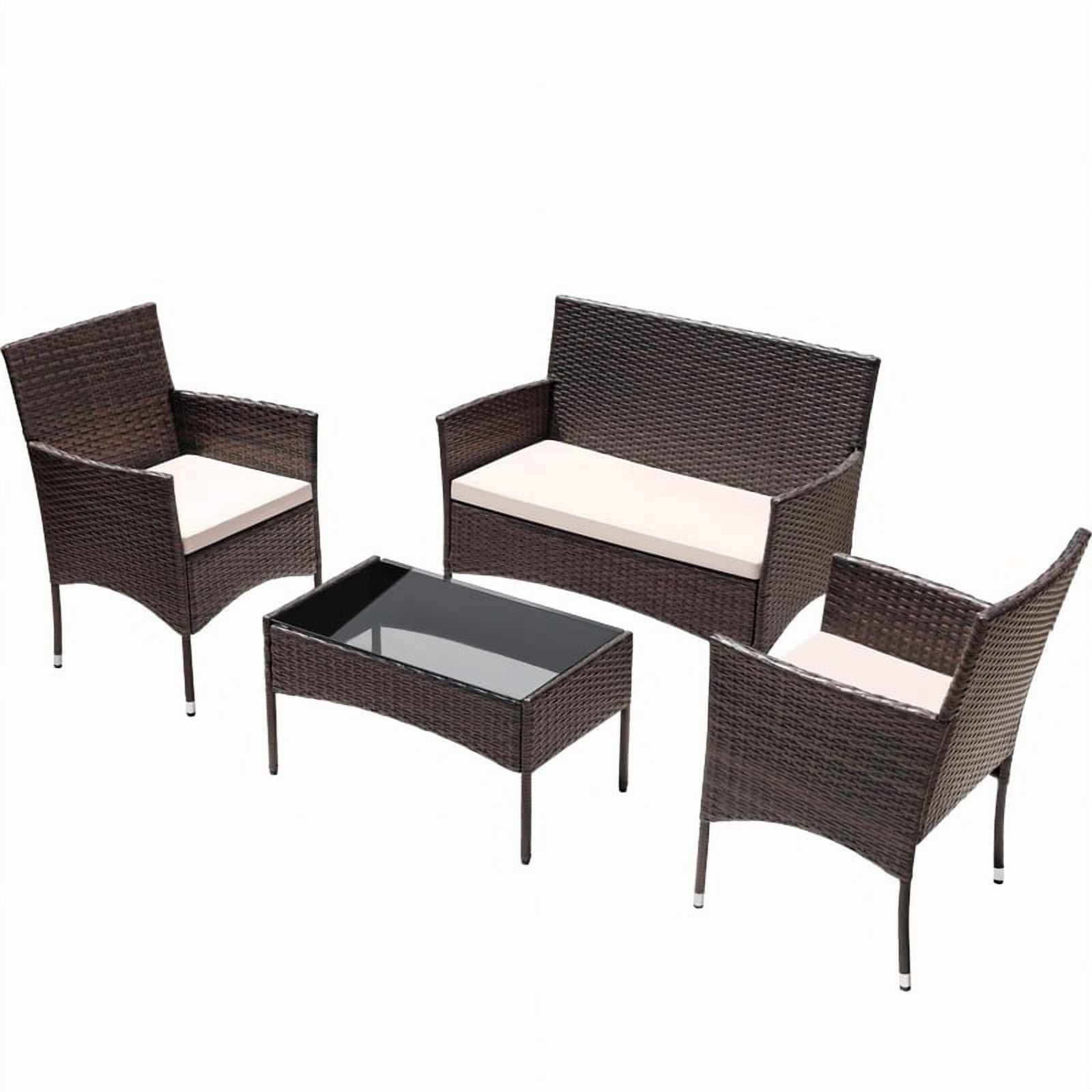 Lacoo 4 Pieces Patio Furniture Set Outdoor Conversation Wicker Rattan Chairs Seating with Cushion and Glass Table Weather-Resistant for Garden Backyard Porch, Brown