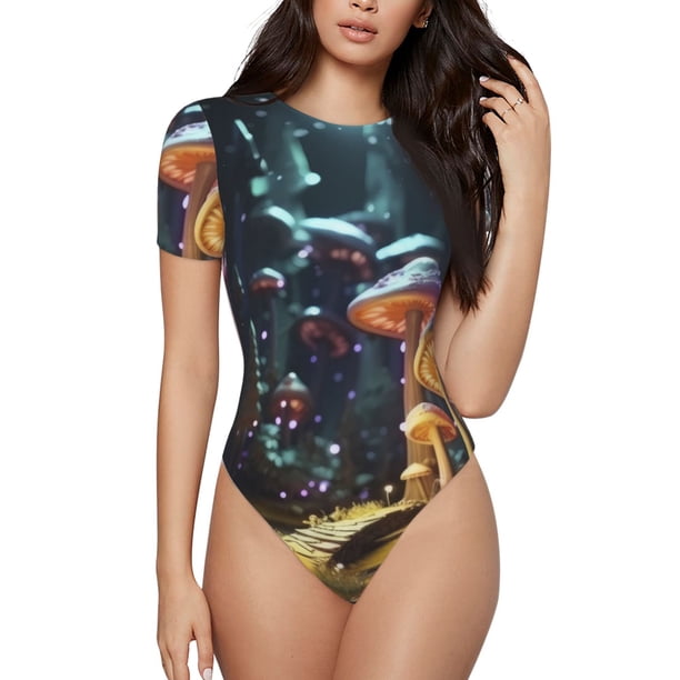 Fotbe Purple Glowing Mushroom Body de Mujer con Cuello Redondo y Mangas Cortas, Sin Mangas Ajustado, Suave, Cómodo y Básico-X-Large