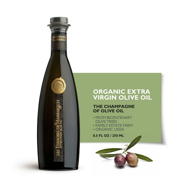 LES TERROIRS DE MARRAKECH Moroccan Organic Extra Virgin Olive Oil, Polyphenol Rich, Cold Pressed from Bicentenary trees, 8.5 Fl Oz Glass Bottle