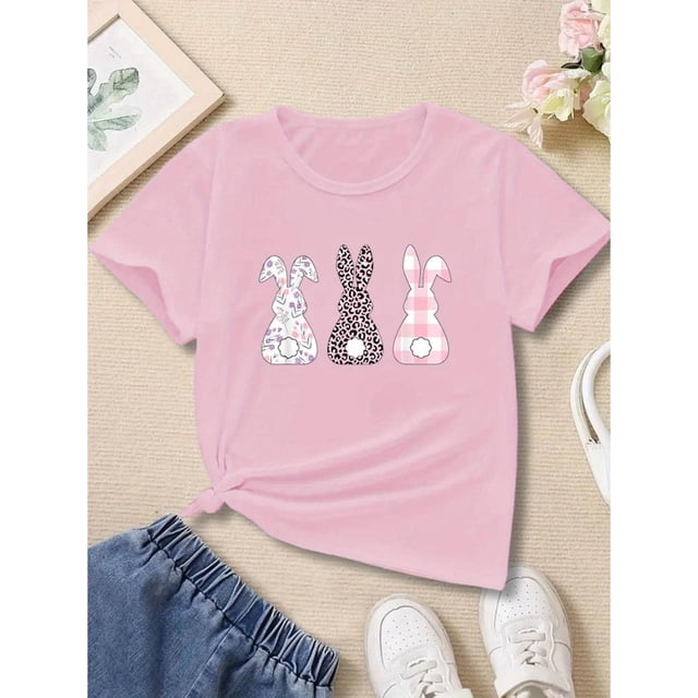 Cartoon Bunnies Graphic Print For Girls, Comfy And Fit T-shirt Top Pullover For Spring And Summer For Outdoor Activities