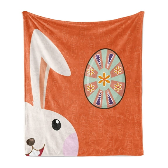 Bunny Soft Flannel Fleece Blanket, Simplistic Doodle Rabbit with Floral Ornamental Eastern Egg on Carrots, Cozy Plush for Indoor and Outdoor Use, 50" x 70", Burnt Sienna Multicolor, by Ambesonne
