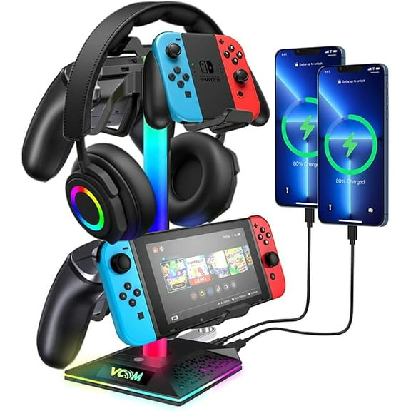 RGB Gaming Headphones Stand with 2 USB and 1 Type-C Ports, Headset Stand with 10 Light Modes and Non-Slip Rubber,Suitable for All Earphone Accessories, Best Gift for Desk Gamers
