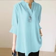 thumbnail image 2 of ChaoHeng Plus Size Women Tops Short Sleeve Printed Tops with Sleeves Women Casual Bohemian Style Half Sleeve Solid Cotton Linen Shirt Top Short Sleeve Stand Collar Tops Shirt Blouse, 2 of 9