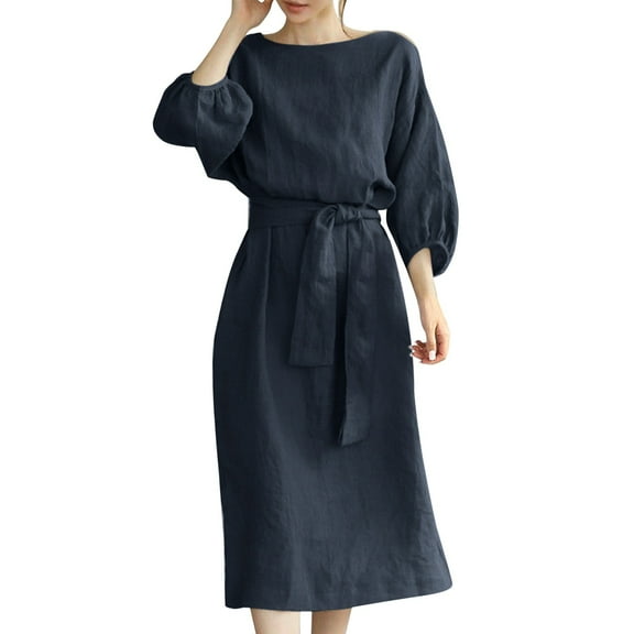Bramtres Midi Dresses,Linen Dress,Women's Long High Waist Tied Solid Color Round Neck Dress,Long Sleeve Dress,Modest Dresses,Casual Dresses,Blue Dress,L